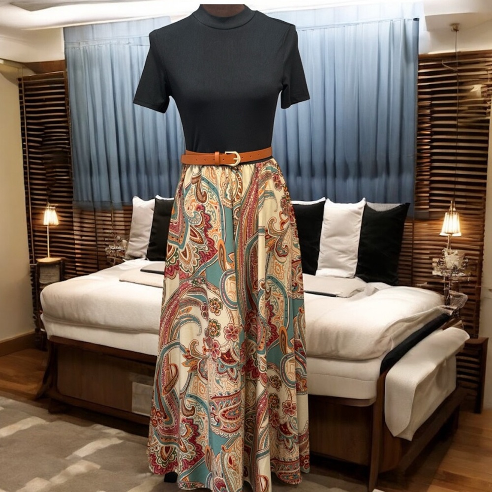 Maxi Dress, Paisley Dress w/Black Ribbed Short Sleeve Top, Dress & Earring Set